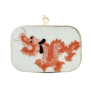 Vintage Hand Painted Orange Chinese Dragon Porcelain Pottery Shard Pendant Focal